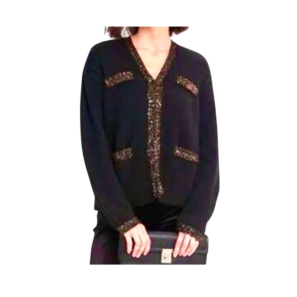 Tuckernuck Quiet Luxury Chic Black Sequin Trim Cardigan Sweater Wool Blend M